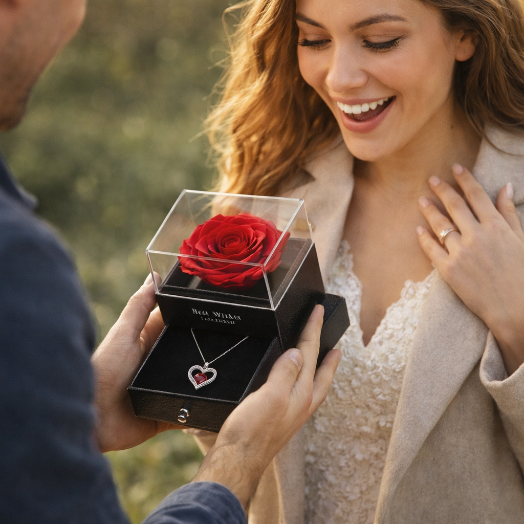 Dla Niej – Naszyjnik Serce z Wieczną Różą, Prezent który Mówi „Kocham”